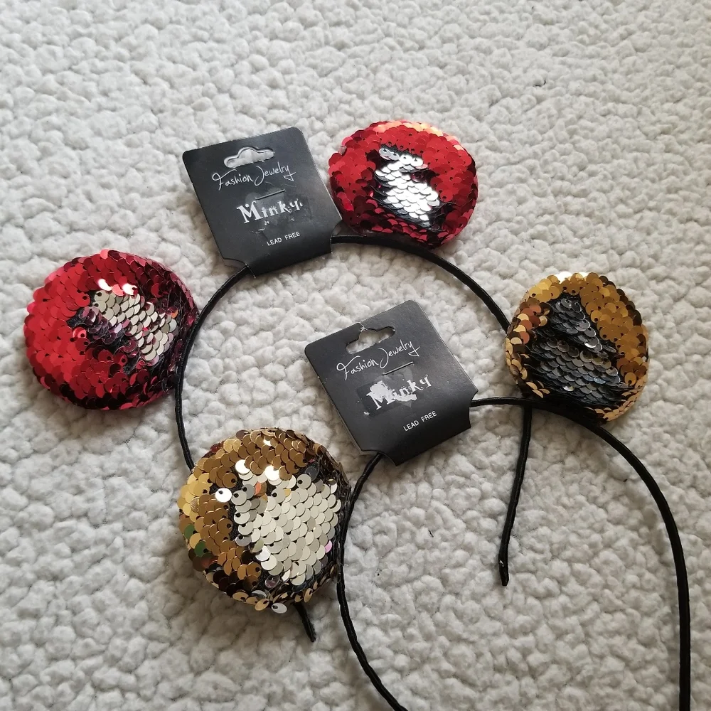 Set of 3 Disney Mickey & Minnie Mouse Ears Headbands Sequin Bow Red Gold